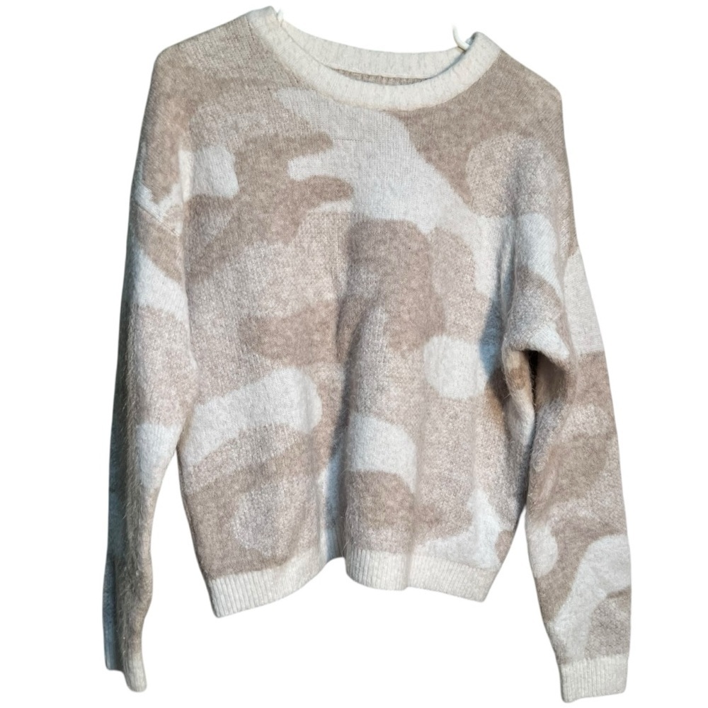 Lucky Brand Womens Size Medium Crewneck Sweater White Beige Camo Stretch 7WD5882